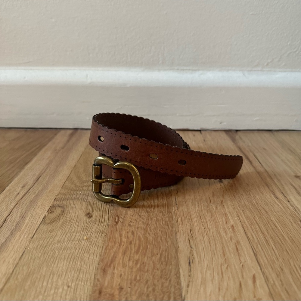 Fossil Brown Leather Scalloped Edge Belt with Brass Buckle